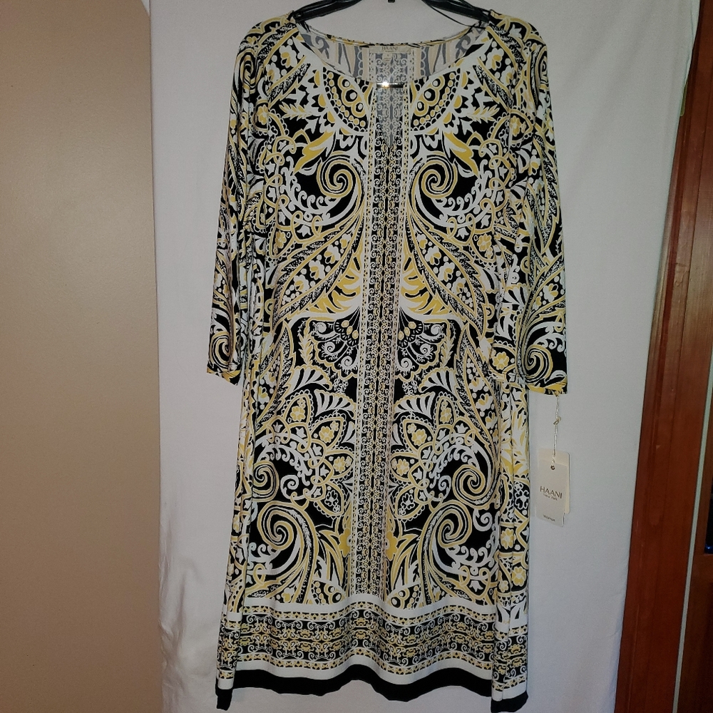 NWT Haani Woman 3/4 Sleeve Dress, Size 1X, Black/Yellow/White